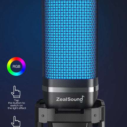 Zealsound RGB USB Condenser Gaming Microphone Computer Professional Mic For PC PS4 PS5 Mac Phone Recording Streaming Podcasting