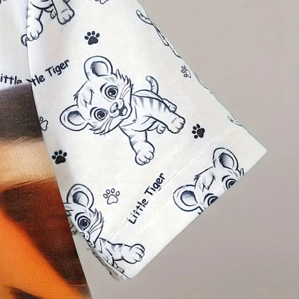 Toddler Tiger Graphic 2-Piece Outfit Set: White Cartoon Tiger T-Shirt + Red Shorts (0-3T) - Cute Kids Summer Casual Clothes