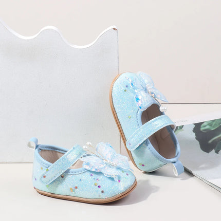 Shiny 3D Butterfly Princess Dress Shoes for Baby Girl Glitters Flats Non-Slip Crib Shoes Walking Shoes for Toddlers Infants