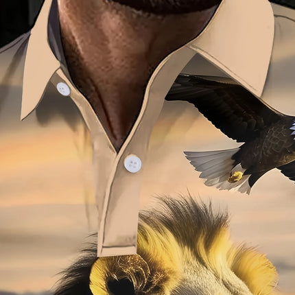 Men's 3D Lion Eagle Sunset Printed Shirt - Classic Striped Collar Machine Washable, Four Seasons Casual Pattern T-shirt
