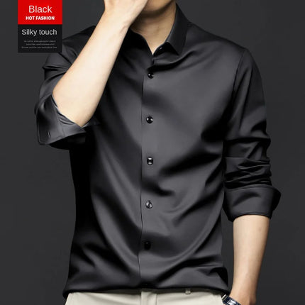 6XL Men Shirt Long Sleeve Slim Fit Luxury Smooth Soft Anti-wrinkle Non-ironing Solid Color Ice Silk Shirts Men Long Sleeve