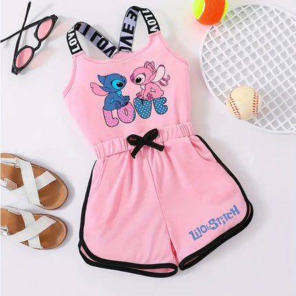 2025 Disney Stitch Girls 3-12Y Summer Romper. Thick-strap off-shoulder loose breathable shorts jumpsuit. Casual outfit!