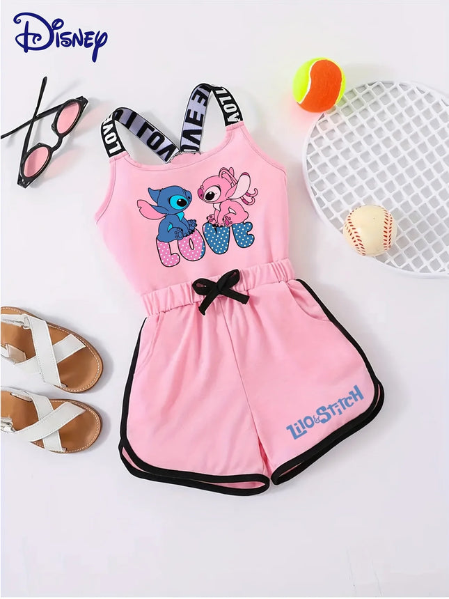 2025 Disney Stitch Girls 3-12Y Summer Romper. Thick-strap off-shoulder loose breathable shorts jumpsuit. Casual outfit!