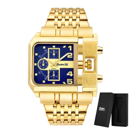Oulm Top Large Dial Men Watch Square Gold Quartz Wrist Watch for Man Sports Multi-Time Zone Military Male Waterproof 2023