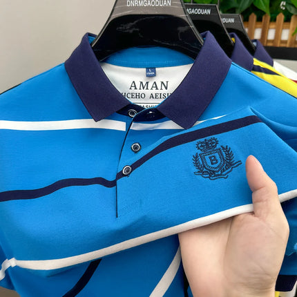 Fashion striped short sleeve men polo shirt summer trend brand letter embroidery design business casual breathable Paul T-shirt