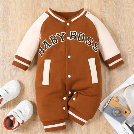 Fashionable letter printed long sleeved round neck cute and personalized baby boy jumpsuit