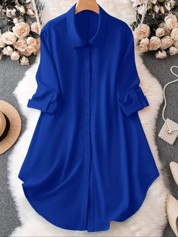 Plus Size 1XL-5XL Fashion Women‘s   Turn-Down Collar Blouse Ladies Button-Up Casual Chic Solid Color Roll-Up Sleeves Top Shirt
