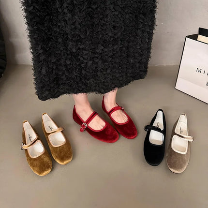 Vintage Flat Velvet Korean Style Mary's Single Shoes Women's 2024 New Spring Autumn Winter Red Warm Evening Shoes