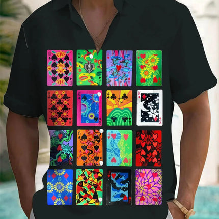 Men's Playing Cards and Dice Printed Short Sleeve Shirt Polyester Fabric Suitable for Summer Vacation and Casual Outing Shirts