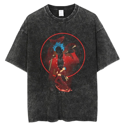 Hot Sale Anime Peripherals The Seven Deadly Sins Ban Print T-shirt Men Women Vintage Washed Cotton Top Oversized Summer New Tees