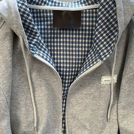 Jmprs Plaid Patchwork Vintage Hoodies Women Loose Preppy Style Gray Sweatshirts Fall Winter Loose Long Sleeve Sweet Korean Tops