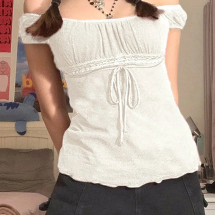 2000s Aesthetic Sweet Lace Tops Women Off Shoulder Drawstring T-shirt Korean Fashion Female Tee Fairy Grunge Streetwear