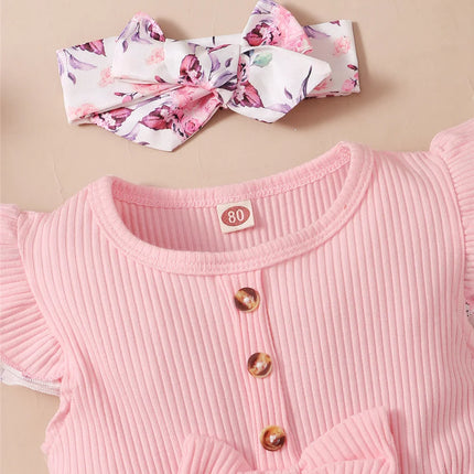 0-18 Months Baby Girl Floral Romper Dress Fly Sleeve Summer Ribbed Jumpsuit with Headband Newborn Baby Girl 2PCS Outfit