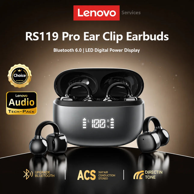 Lenovo Open Ear Wireless Earbuds Bluetooth 6.0 Comfort Clip On Gaming Sports Earphones LED Digital Power Display RS119 Pro