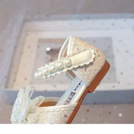 Chic Girls Dress Shoes for Wedding Party Bling Sequins with Rhinestone Butterfly Sweet Princess Chic Kids Flat Shoes Lace Beaded
