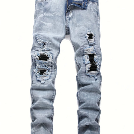 Men‘s Stretchy Denim Jeans Streetwear Tearing Patchwork Holes Ripped Denim Elastic Waist Casual Pants Slim fit Straight Trousers