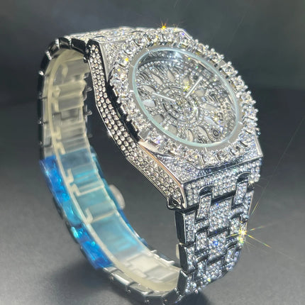 MISSFOX Hip Hop Wristwatch For Men Luxury lce Out Full Diamond Watches Fashion Green Watch Wterproof Week Display Clock 2025