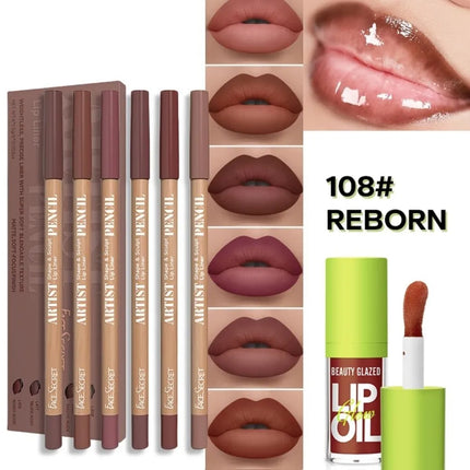 BEAUTY GLAZED 6Pcs Matte Waterproof Lipliner Set+Lip Oil  Lip Essence Lip Oil Plumping Lip Tint Lip Care Lip Gloss Glaze Makeup