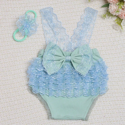 Ylsteed Newborn Photography Outfits Big Bowknot Baby Lace Romper with Hairband Blue Suspender Trousers Photo Shooting Overalls