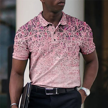 Summer Men's Polo Lapel Golf Shirt with Printed Geometric Pattern Fold