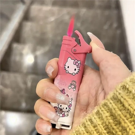 New Butane Gas Lighter Hello Kitty Inflatable Lighter Pink Flame Metal Lighter High Beauty Gift Small Gift