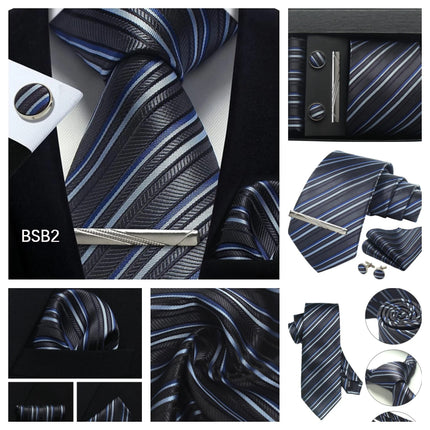 Classic 100% Silk Men's Ties In Gift box 8cm Plaid Dot Striped Business Necktie Handkerchief Cufflinks Wedding Party Tie Set