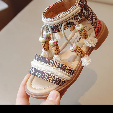 Girls Sandals Ethnic Retro Children Fashion Casual Shoes Tassels 2024 Back Zipper Summer New Sandals Kids Pattern GLADIATOR Cute