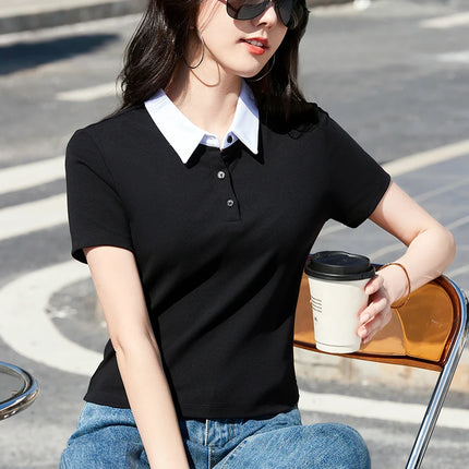 Summer New Cotton Polo Shirt Solid Color Polo Neck Short Sleeve High Waist Short Style Slim Fit Fashion Casual Women's Shirt