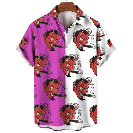 Devil Pattern Men's Shirts Oversized Shirt Loose Casual Double Patchwork Red Imp Party Festival Camisas Original