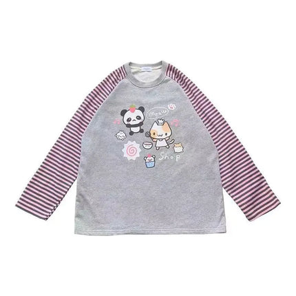 Japan Kawaii Sweet Women T-Shirt O-Neck Stripe Patchwork Long Sleeve Cartoon Print Loose Pullover Casual Cute Top Youth Vitality
