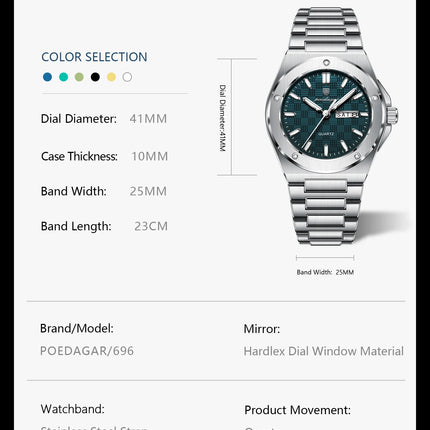 POEDAGAR Original Men Clock Quartz Date Week Luxury Man Wristwatch Waterproof Luminous Stainless Steel Sport Men's Watches Reloj
