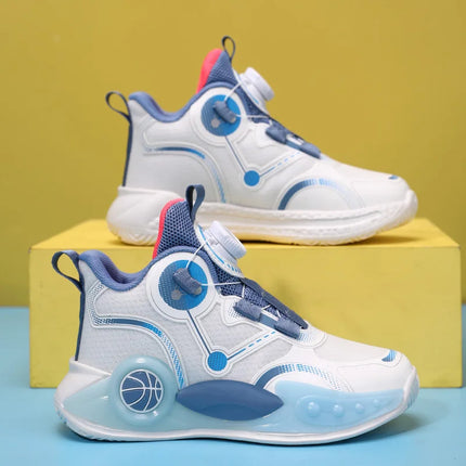 Children Basketball Shoes Boys Sports Comfortable Non Slip Flat Fitness Shoes 2025 New Rotating Button Sports Sneakers for Kids