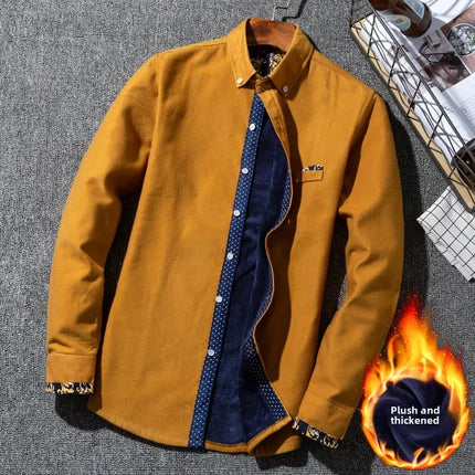 Winter Corduroy Warmshirt Men's Fleece-Lined Thickened Integrated Velvet Business Casual Versatile Shirt For Dad