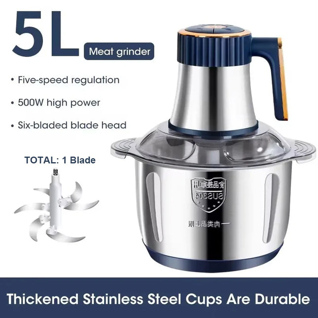 Electric Meat Grinder 5L Stainless Steel Meat Mincer Vegetables Blender, 500W Household Stuffing and Food Processor 5 Speeds
