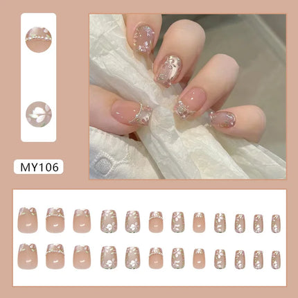 Dark Brown Flowers 24 Pcs Press-on Nails Pink Nail Polish Glossy Artificial Finger Manicure Reusable False Nails