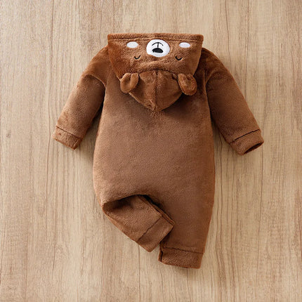 0-36M Plush bear print hoodie baby romper