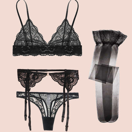 Varsbaby Lace Bra Sets for Women Non-padded Bra Panty Garter Stockings Summer Underwear Lingerie Sexy