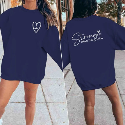 Inspirational Gift Sweatshirt "Stronger Than The Storm" Graphic Perfect for Friends & Faith-Based Gift Heart & Cross Casual Wear