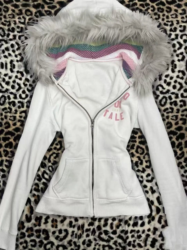 Autumn Fashion Vintage Long Sleeve Hoodie Women Design High Street White Slim Zipper Patchwork Coat Hot Girl Y2k Chic Cardigan