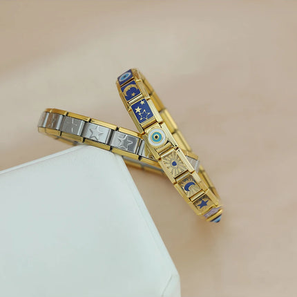 Hapiship Drop Shipping 2024 Moon Star Eye Golden Italian Charm Links Fit 9mm Stainless Steel Bracelet Wholesale Jewelry DJ1373-A