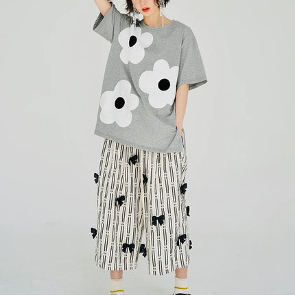 imakokoni original applique pure cotton gray T-shirt pullover short-sleeved shirt casual loose large size summer female 223602
