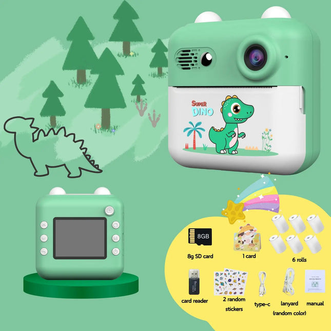 Kids Instant Print Camera with Games Pink Green Dinosaurs Cute Mini Digital Toy Camera for Boys Girls Birthday Christmas Gifts