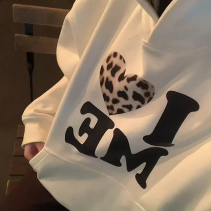 Korean Series Chic Leopard Print Letters Hood White Hoodie Women Autumn and Winter Fleece-lined Thickened Loose Pullover