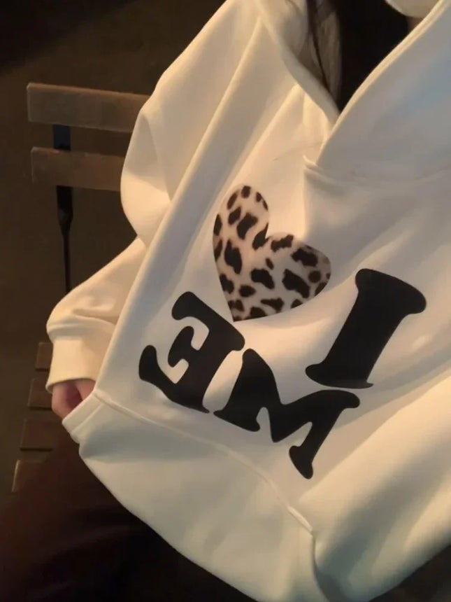 Korean Series Chic Leopard Print Letters Hood White Hoodie Women Autumn and Winter Fleece-lined Thickened Loose Pullover