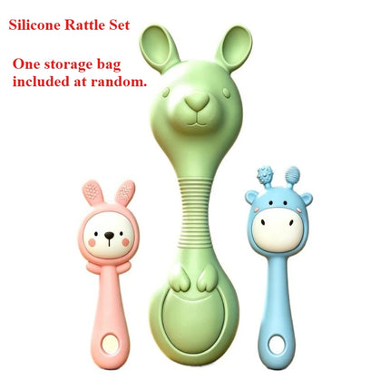Food-Grade Silicone Baby Rattle Toy Set (Big Kangaroo, Bunny & Deer), Biteable for Baby Grasping Training