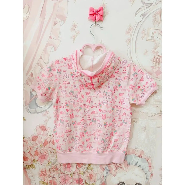 Japanese Sweet Girl Cartoon Mp Printed Short Sleeved Zip Up Hoodie Summer New Thin Cardigan Cute Core Sweatshirt Women Y2k Top