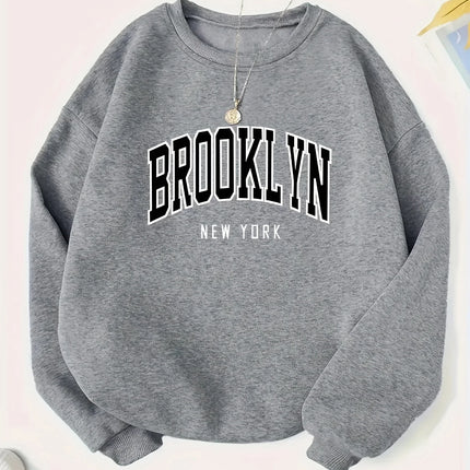 2025 Women's Casual BROOKLYN Print Pullover Sweatshirt Long Sleeve Round Neck Regular Fit for Autumn Winter Women Clothing