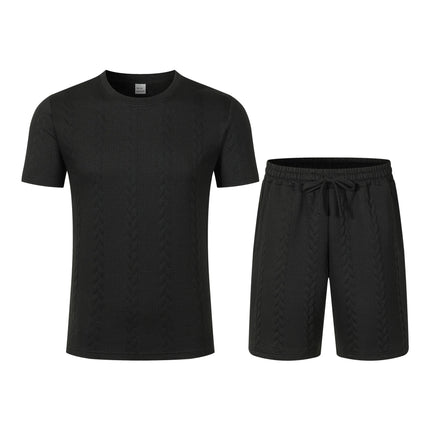 Summer men's new jacquard solid-color simple and fashionable comfortable round-neck short-sleeved short pants set