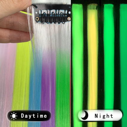 20 Inch Glow in the Dark Hair Extensions Clip Luminous Colored Hairpieces Party Rainbow Hair Clips Synthetic Straight Wig