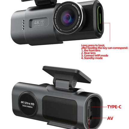 Dash Cam 4K UHD Recording Car Camera DVR Night Vision Video Recorder Built-In Wi-Fi Support GPS 24H Parking